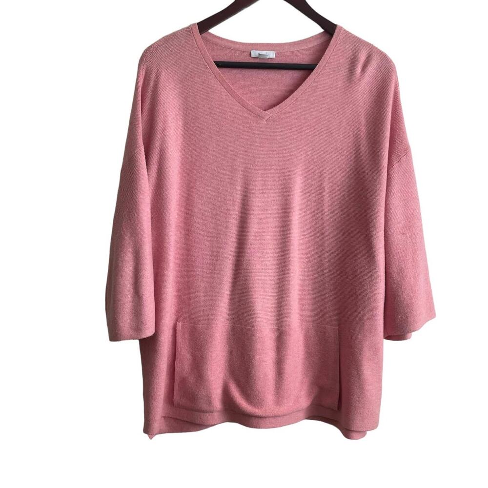 J Jill Women‎ Top M Pink Knit 3/4 Sleeve Kangaroo Pocket Lounge Coastal Beachy